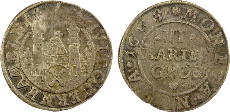 HAMELN: Free Hanseatic City, AR 6 mariengroschen, 1668, KM-73, some haymarking, ...