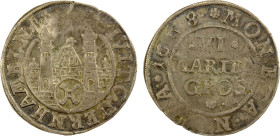 HAMELN: Free Hanseatic City, AR 6 mariengroschen, 1668, KM-73, some haymarking, iridescently toned, small weak area from 12:00 to 1:30, Choice VF.

...