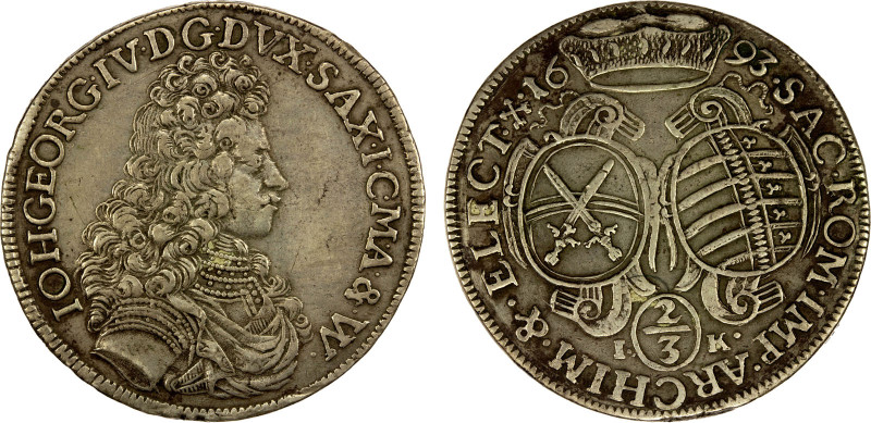 SAXONY: Johann Georg IV, 1691-1694, AR 2/3 thaler, 1693-IK, KM-641, Dresden Mint...