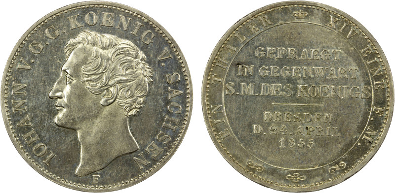SAXONY: Johann, 1854-1873, AR thaler, 1855, KM-1187, Dav-885, Visit to Dresden M...