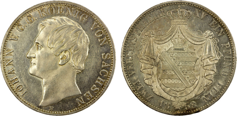 SAXONY: Johann, 1854-1873, AR 2 thaler, 1858, KM-1195, AU, ex Almer H. Orr III C...