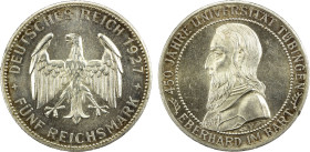 GERMANY: Weimar Republic, AR 5 reichsmark, 1927-F, KM-55, 450th Anniversary of the University of Tübingen, faint hairlines, lustrous, UNC.

Estimate...