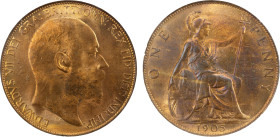 GREAT BRITAIN: Edward VII, 1901-1910, AE penny, 1905, KM-794.2, Spink-3990, portion of reverse toned a bit, flashy, better date, NGC graded MS64 RB, e...