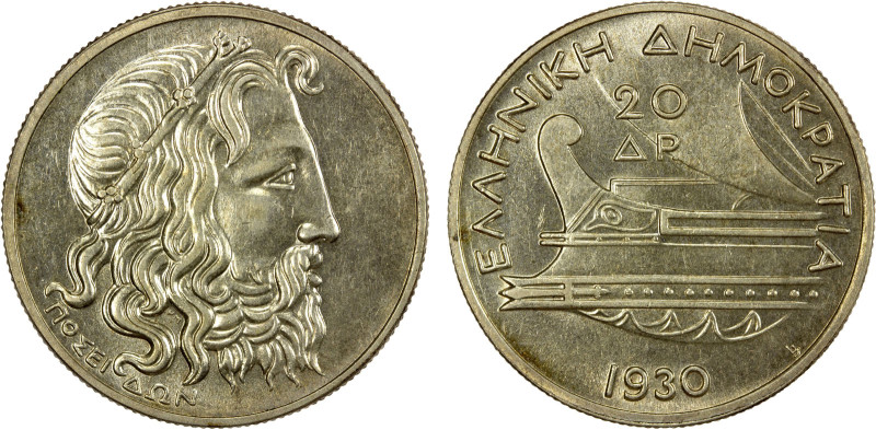 GREECE: Republic, AR 20 drachmai, 1930, KM-73, UNC, ex Almer H. Orr III Collecti...