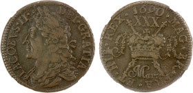 IRELAND: James II, 1685-1691, AE 30 pence (1/2 crown), Dublin Mint, 1690, March, KM-101, S-6579J, "Gun money" type, Large Coinage series, NGC graded E...