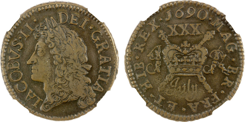 IRELAND: James II, 1685-1691, AE 30 pence (1/2 crown), Dublin Mint, 1690, July, ...