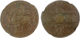 IRELAND: James II, 1685-1691, AE crown, Dublin Mint, 1690, March, KM-103, S-6578, "Gunmoney" type, overstruck on Large Coinage series halfcrown, NGC g...