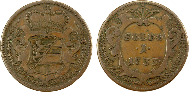 GORIZIA: Carlo IV, 1711-1740, AE soldo, 1733, KM-2, convex reverse, key date, F-...