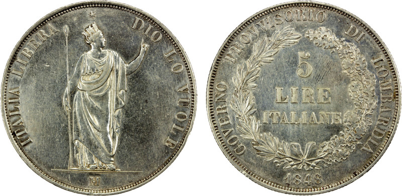 LOMBARDY-VENETIA: Revolutionary Provisional Government, AR 5 lire, 1848-M, Cr-22...