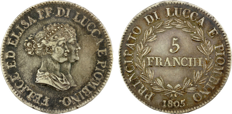 LUCCA: Felice & Elisa, 1805-1814, AR 5 franchi, 1805, KM-24.1, Pagani-251b, conj...