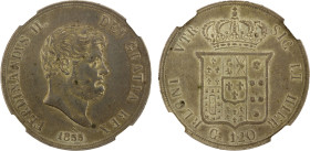 NAPLES & SICILY: Ferdinando II, 1830-1859, AR 120 grana, 1855, KM-370, NGC graded AU53.

Estimate: USD 150 - 200