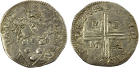 PAPAL STATES: Clement VII, 1523-1534, AR ½ giulio (1.76g), Muntoni-59, Berman-846, dies by Benvenuto Cellini, papal arms // large cross with R-O-M-A i...