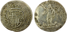 ORDER OF MALTA: Manuel Pinto, 1741-1773, AR tari, 1764, KM-259, St. John the Baptist standing slightly left and holding banner, lamb at his feet, ligh...