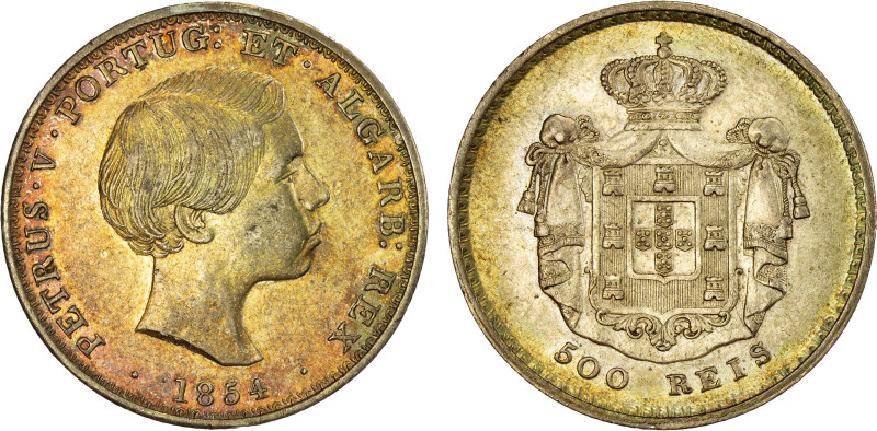 PORTUGAL: Pedro V, 1853-1861, AR 500 reis, 1854, KM-492, Cr-119, beautiful obver...