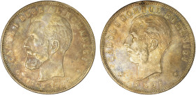 ROMANIA: Carol I, as King, 1894-1914, AR 5 lei, 1906, KM-35, one-year type, 40th Anniversary of Carol I Reign, old toning, EF, ex Almer H. Orr III Col...
