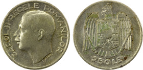 ROMANIA: Carol II, 1930-1940, AR 250 lei, 1935, KM-53, a few small spots and tape residue (removable) on reverse, one-year type, VF-EF, ex Joe Sedillo...