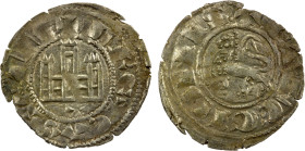 SPAIN: Fernando IV, 1295-1312, BI pepion (0.76g), Toledo, ND-T, CC-1225, castle with T below, within inner circle, with +F REX CASTELLE around // lion...