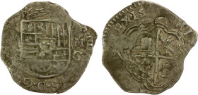 SPAIN: Felipe II, 1556-1598, AR 2 reales (6.47g), 1598-G, AC-331, assayer M, cob issue, OMNIVM type, somewhat double struck on reverse, nearly full cr...