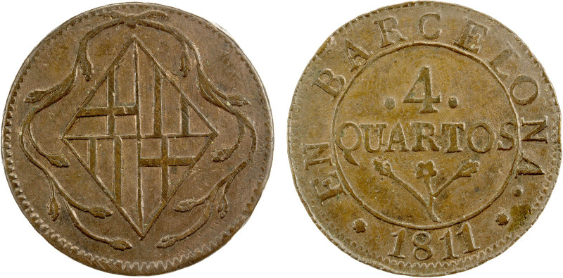 SPAIN: BARCELONA: Joseph Napoleon, 1808-1814, AE 4 quartos, 1811, KM-67, Cr-L14,...