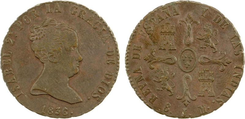 SPAIN: Isabel II, 1833-1868, AE 8 maravedis, Jubia, 1836-J, KM-512.1, Cr-162.1, ...