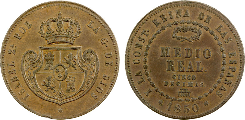 SPAIN: Isabel II, 1833-1868, AE ½ real, Segovia, 1850, KM-591.3, obverse rim nic...