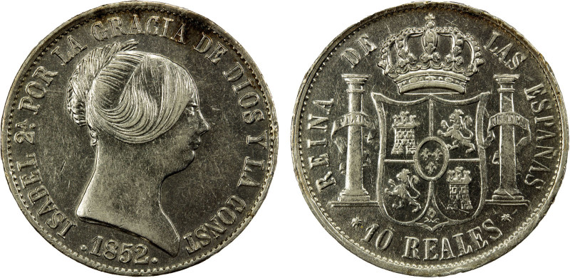 SPAIN: Isabel II, 1833-1868, AR 10 reales, Seville, 1852, KM-595.3, obverse toni...