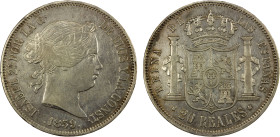 SPAIN: Isabel II, 1833-1868, AR 20 reales, Madrid, 1859, KM-609.2, lightly cleaned, 6-pointed stars, EF.

Estimate: USD 120 - 160