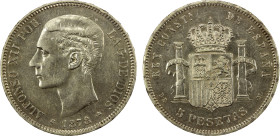 SPAIN: Alfonso XII, 1874-1885, AR 5 pesetas, 1878(78), KM-676, initials DE-M, some luster, EF.

Estimate: USD 110 - 150
