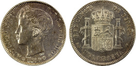 SPAIN: Alfonso XIII, 1886-1931, AR peseta, 1899(99), KM-706, Y-88, initials SGV, some hairlines, nicely toned, especially on the obverse, UNC, ex Joe ...
