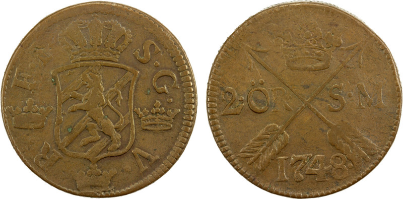 SWEDEN: Frederick I, 1720-1751, AE 2 öre, 1748, KM-437, Cr-5, a few light revers...
