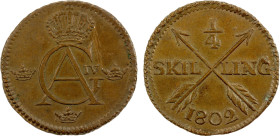 SWEDEN: Gustaf IV Adolf, 1792-1809, AE ¼ skilling, 1802, KM-564, a few faint obverse scratches, bold strike, AU, ex Joe Sedillot Collection.

Estima...
