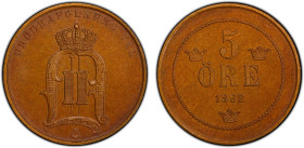 SWEDEN: Oscar II, 1872-1907, AE 5 öre, 1892, KM-757, lovely even toning, a fantastic mint state example! PCGS graded MS66 BN, ex Joe Sedillot Collecti...