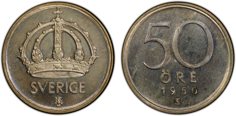 SWEDEN: Gustaf V, 1907-1950, AR 50 öre, 1950-TS, KM-817, wonderful reflective su...