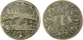 BASEL: Free City, AR 1/4 thaler, ND (1710), KM-122, HMZ 2-102b, central arms of Basel within circle // city view with river and boats, value as "¼" in...