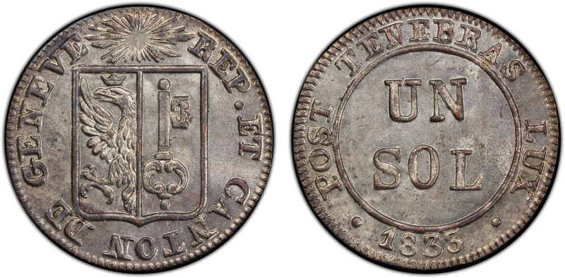 GENEVA: Canton, BI sol, 1833, KM-120, showing ample mint brilliance, reverse tex...