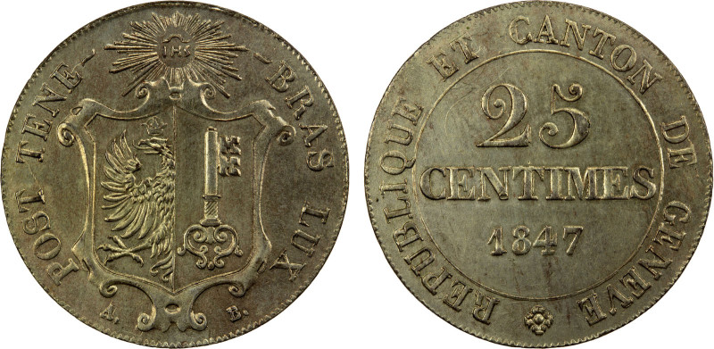 GENEVA: Canton, BI 25 centimes, 1847, KM-135, Cr-71, variety in billon, very lus...