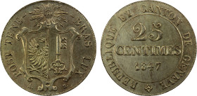 GENEVA: Canton, BI 25 centimes, 1847, KM-135, Cr-71, variety in billon, very lustrous, overstruck on unknown host, Choice AU, ex Joe Sedillot Collecti...