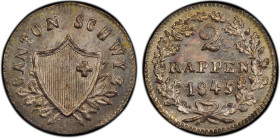SCHWYZ: Canton, BI 2 rappen, 1845, KM-62, sharp strike with crisp relief details, a wonderful lustrous example! PCGS graded MS64, ex Joe Sedillot Coll...