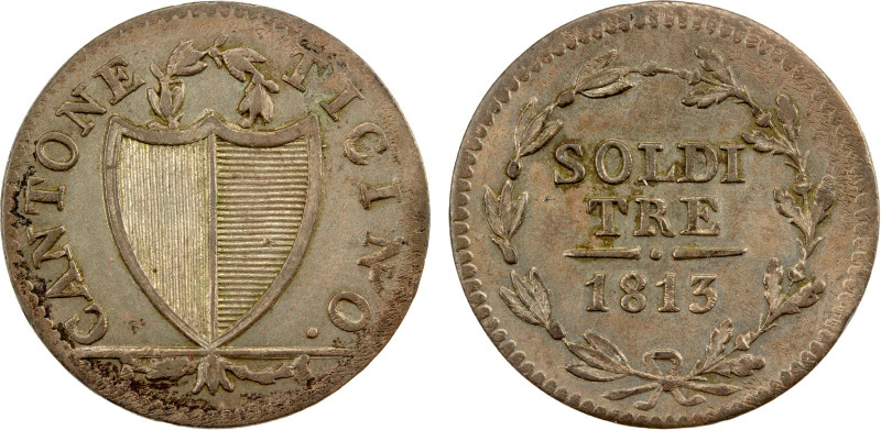 TICINO: Canton, BI 3 soldi, 1813, KM-2, variety without star, better date/variet...