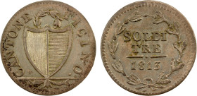 TICINO: Canton, BI 3 soldi, 1813, KM-2, variety without star, better date/variety, Choice EF, ex Joe Sedillot Collection.

Estimate: USD 100 - 150
