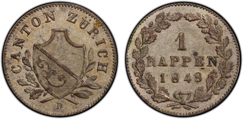 ZÜRICH: Canton, BI rappen, 1848, KM-194, a wonderful mint state example! PCGS gr...