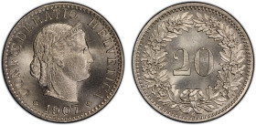 SWITZERLAND: Confederation, 20 rappen, 1907-B, KM-29, rare in this condition, obverse relief looks almost burnished against silky smooth fields, a fan...