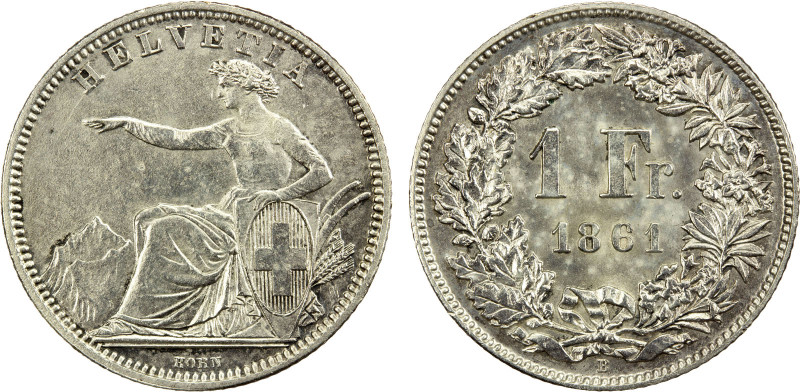 SWITZERLAND: Confederation, AR franc, 1861-B, KM-9a, Y-27, lightly cleaned obver...