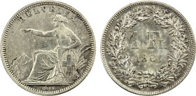 SWITZERLAND: Confederation, AR franc, 1861-B, KM-9a, Y-27, lightly cleaned obverse, Choice UNC reverse, two-year type, AU, ex Joe Sedillot Collection....