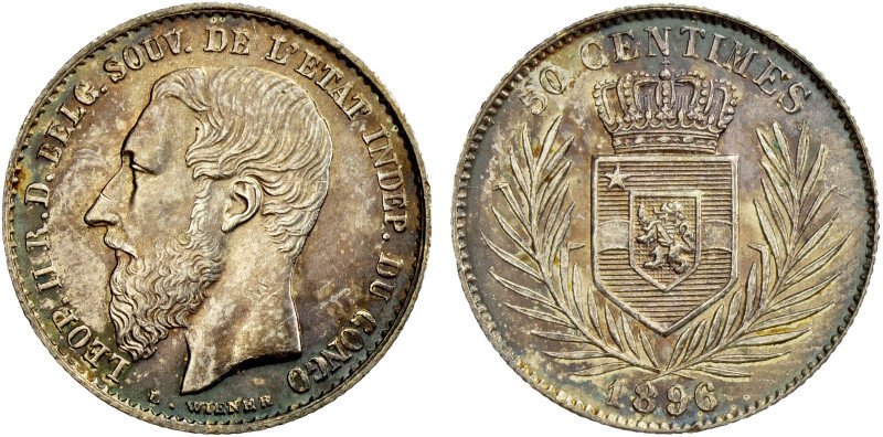 BELGIAN CONGO: Léopold II, 1885-1908, AR 50 centimes, 1896, KM-5, lovely toning,...