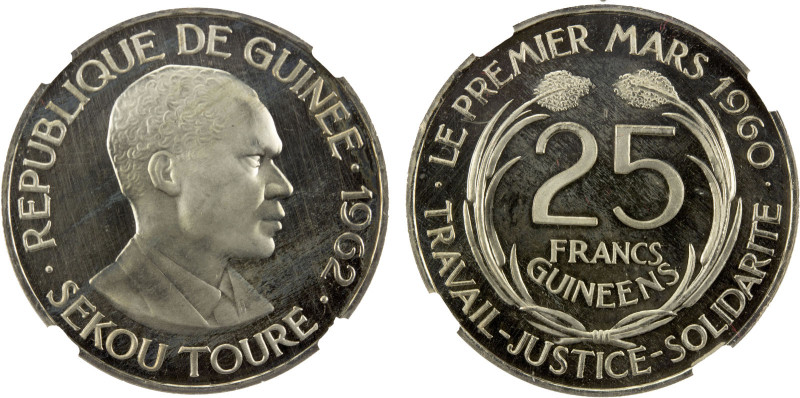 GUINEA: Republic, 25 francs guinéens, 1962, KM-7, NGC graded PF64 Cameo.

Esti...