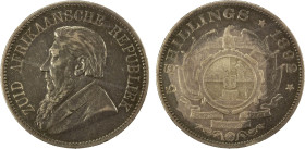 SOUTH AFRICA: Zuid-Afrikaansche Republiek, AR 5 shillings, 1892, KM-8.1, variety with single shaft on wagon tongue, toned, F-VF.

Estimate: USD 140 ...