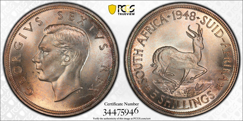 SOUTH AFRICA: George VI, 1936-1952, AR 5 shillings, 1948, KM-40.1, Springbok, PC...