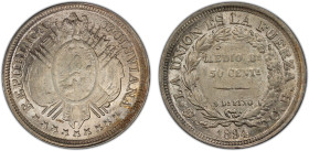 BOLIVIA: Republic, AR 50 centavos (1/2 boliviano), 1894-PTS, KM-161.5, assayer CB; variety with reduced-size lettering without weight, a wonderful min...