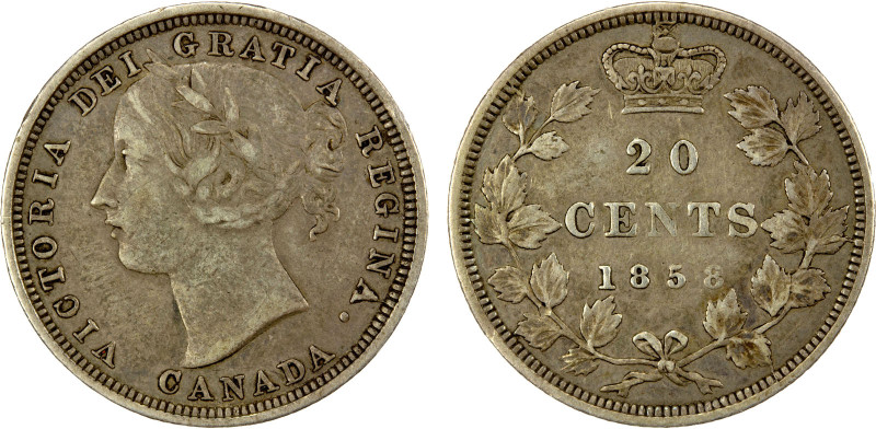 CANADA: Victoria, 1837-1901, AR 20 cents, 1858, KM-4, coin alignment, reengraved...